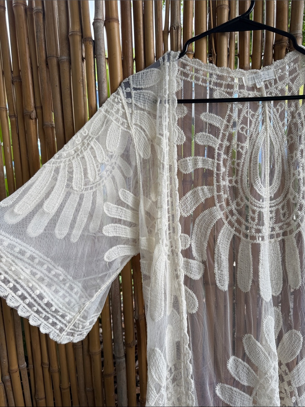 Sheer Embroidered Swim Coverup Kimono in Cream